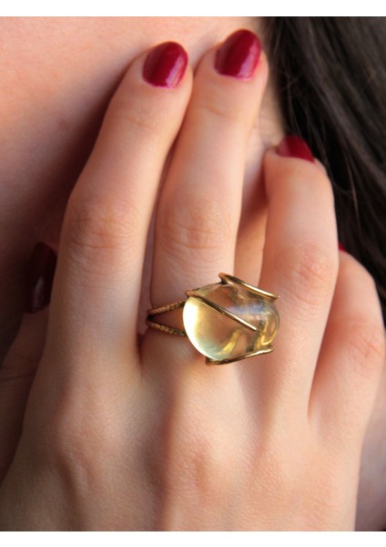 Doğal Taş Limon Kuvars Dev Boy Doğal Taşlı Ayarlanabilir Yüzük EUY10LK