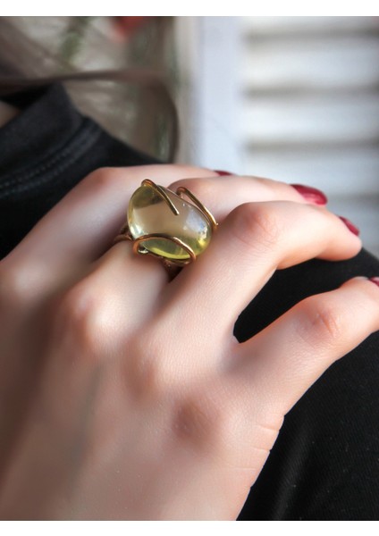 Doğal Taş Limon Kuvars Dev Boy Doğal Taşlı Ayarlanabilir Yüzük EUY10LK fiyatları