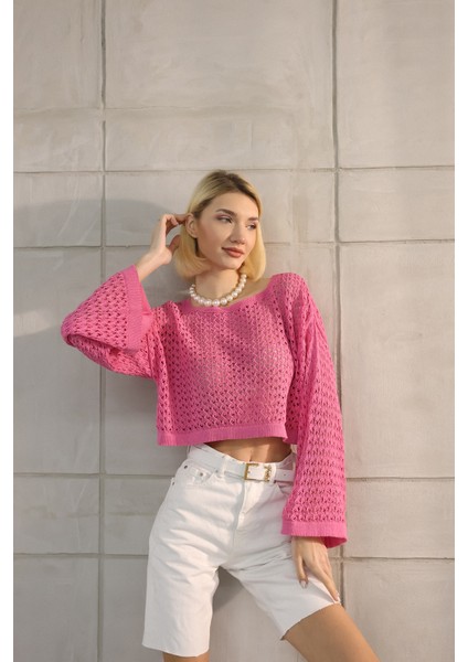 Fuşya Ajurlu Triko Crop