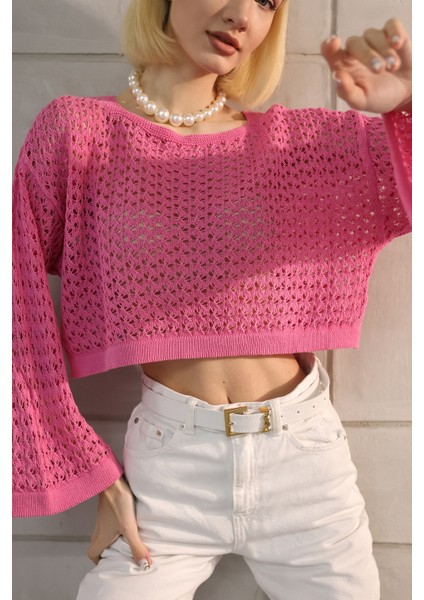 Fuşya Ajurlu Triko Crop