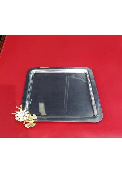 Papatya Kare Tepsi Gümüş Renk Metal 22X22CM Misafirlik Sağlam Hediyelik Şık Elit Kahvelik 1 Adet