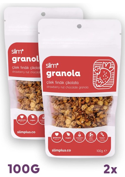 2 Paket Çikolata Çilek Fındık Glutensiz İlave Şekersiz Vegan Granola 100gr