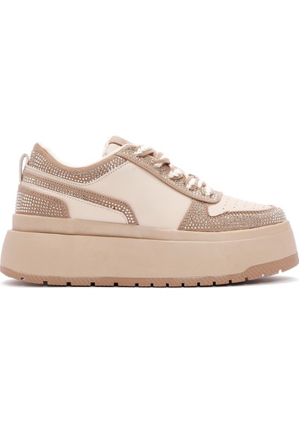 Kadın Bej Kalın Tabanlı Taşlı Bağcıklı Sneaker