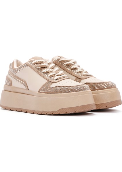 Kadın Bej Kalın Tabanlı Taşlı Bağcıklı Sneaker