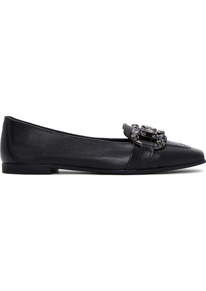 Kadın Siyah Taşlı Deri Loafer