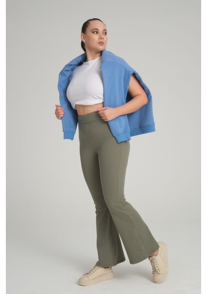 Curve Büyük Beden Fitilli Ispanyol Paça Yüksek Bel Toparlayıcı Haki Tayt modelleri