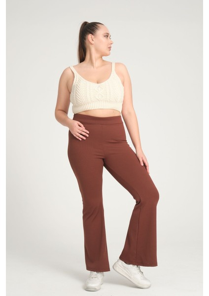 Curve Büyük Beden Fitilli Ispanyol Paça Yüksek Bel Toparlayıcı Kahverengi Tayt modelleri