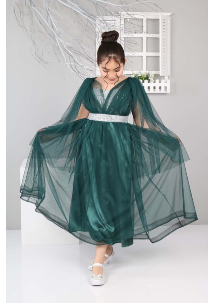 Kız Çocuk Saten Astarlı Omuzdan Tüllü Beli Payetli Uzun Abiye ELBISE-ABY-0028 fiyatları