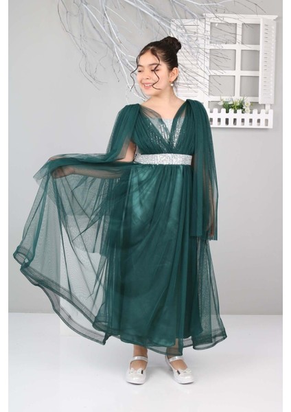 Kız Çocuk Saten Astarlı Omuzdan Tüllü Beli Payetli Uzun Abiye ELBISE-ABY-0028 fırsatları