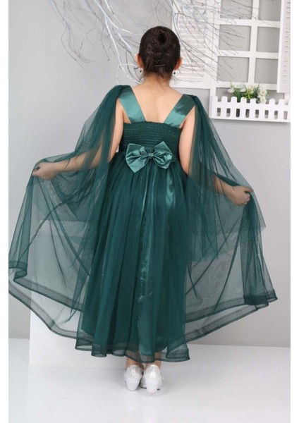 Kız Çocuk Saten Astarlı Omuzdan Tüllü Beli Payetli Uzun Abiye ELBISE-ABY-0028 indirimleri