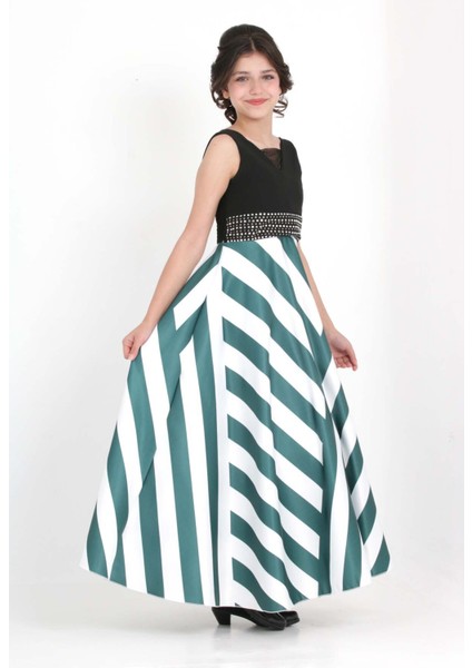 Kız Çocuk Zebra Desenli Özel Tafta Kumaş Uzun Abiye Elbise Mezuniyet KIAYFETİ-ABY-0036