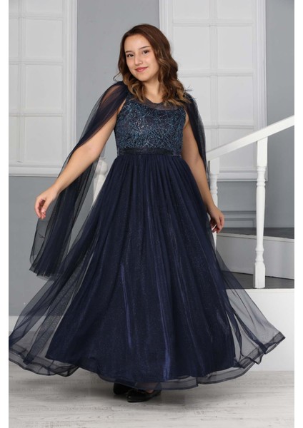 Kız Çocuk Omzu Tül Detay Saten Astarlı Uzun Abiye ELBISE-ABY-0034