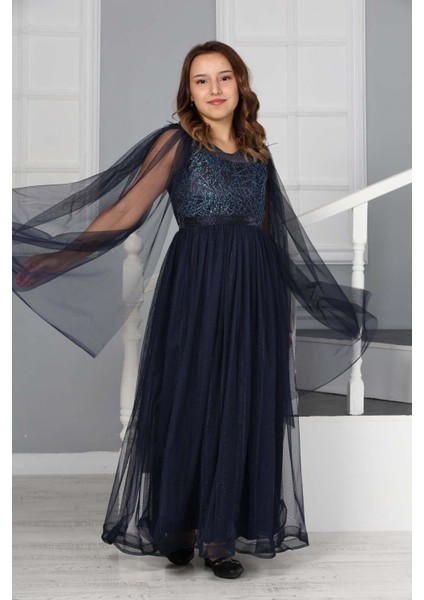 Kız Çocuk Omzu Tül Detay Saten Astarlı Uzun Abiye ELBISE-ABY-0034 fiyatları