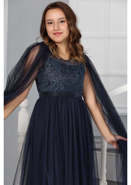 Kız Çocuk Omzu Tül Detay Saten Astarlı Uzun Abiye ELBISE-ABY-0034 modelleri