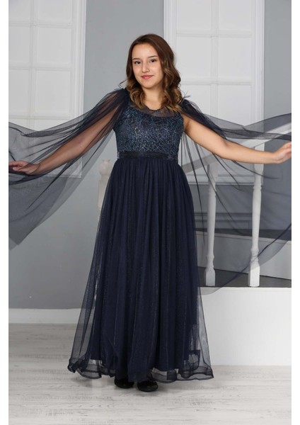 Kız Çocuk Omzu Tül Detay Saten Astarlı Uzun Abiye ELBISE-ABY-0034 fırsatları