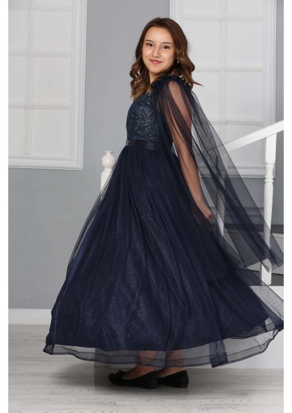 Kız Çocuk Omzu Tül Detay Saten Astarlı Uzun Abiye ELBISE-ABY-0034 indirimleri