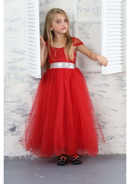 Kız Çocuk Beli Payetli Sim Desenli Kırmızı Abiye Elbise GELINLIK-ABY-0032