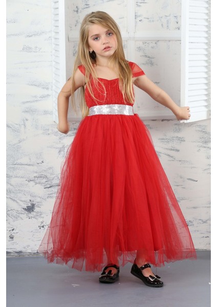 Kız Çocuk Beli Payetli Sim Desenli Kırmızı Abiye Elbise GELINLIK-ABY-0032 fiyatları