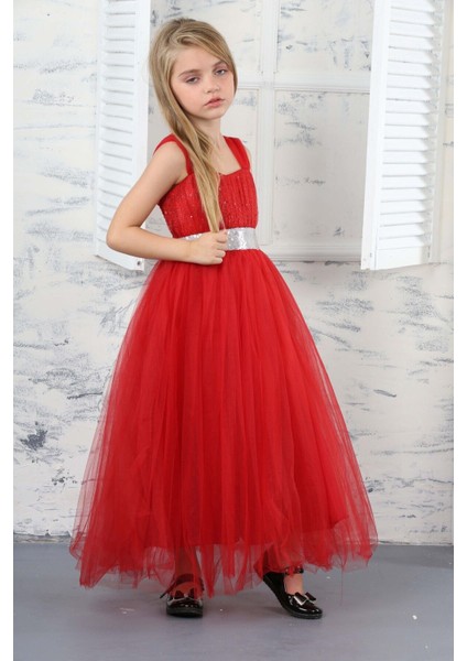 Kız Çocuk Beli Payetli Sim Desenli Kırmızı Abiye Elbise GELINLIK-ABY-0032 modelleri