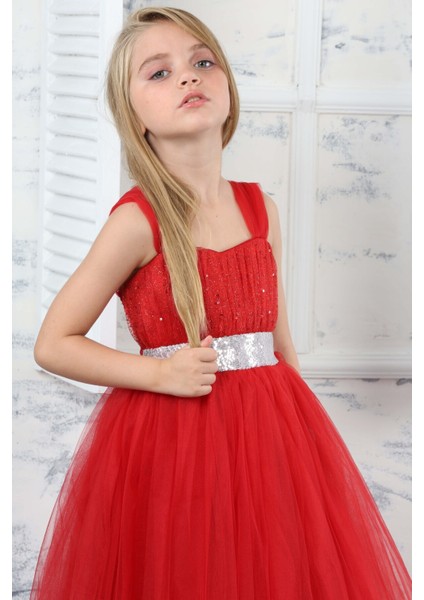 Kız Çocuk Beli Payetli Sim Desenli Kırmızı Abiye Elbise GELINLIK-ABY-0032 fırsatları