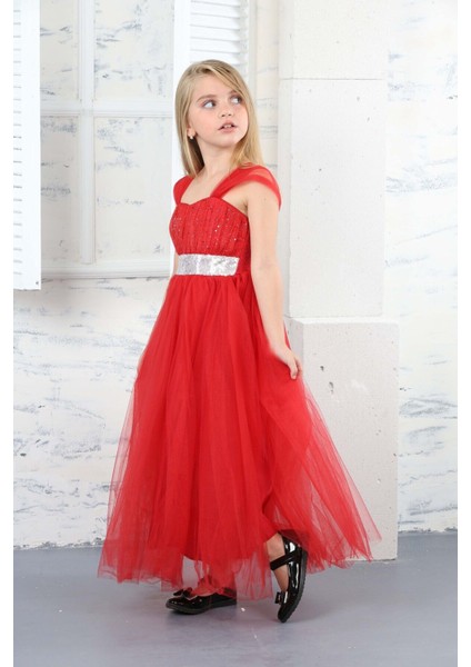 Kız Çocuk Beli Payetli Sim Desenli Kırmızı Abiye Elbise GELINLIK-ABY-0032 indirimleri