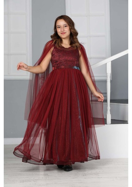 Kız Çocuk Omzu Tül Detay Saten Astarlı Uzun Abiye ELBISE-ABY-0034