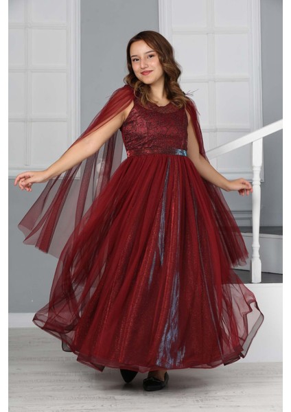 Kız Çocuk Omzu Tül Detay Saten Astarlı Uzun Abiye ELBISE-ABY-0034 fiyatları