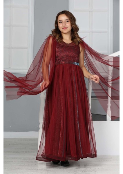 Kız Çocuk Omzu Tül Detay Saten Astarlı Uzun Abiye ELBISE-ABY-0034 modelleri