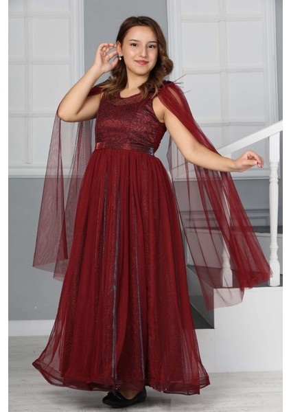 Kız Çocuk Omzu Tül Detay Saten Astarlı Uzun Abiye ELBISE-ABY-0034 fırsatları