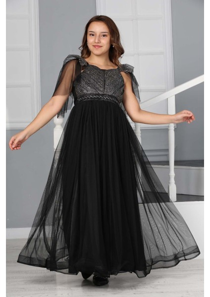 Genç Kız Saten Astarlı Uzun Siyah Abiye Elbise Düğün Kıyafeti GELINLIK-ABY-0031 fiyatları