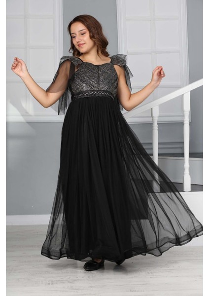 Genç Kız Saten Astarlı Uzun Siyah Abiye Elbise Düğün Kıyafeti GELINLIK-ABY-0031 modelleri