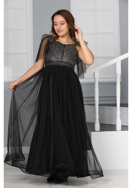 Genç Kız Saten Astarlı Uzun Siyah Abiye Elbise Düğün Kıyafeti GELINLIK-ABY-0031 fırsatları