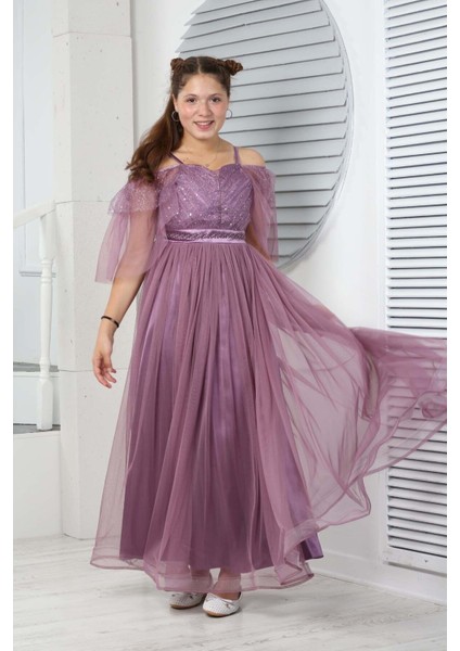 Genç Kız Saten Astarlı Uzun Lila Abiye Elbise Düğün Kıyafeti GELINLIK-ABY-0031