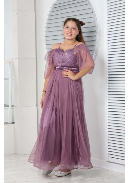 Genç Kız Saten Astarlı Uzun Lila Abiye Elbise Düğün Kıyafeti GELINLIK-ABY-0031 fiyatları