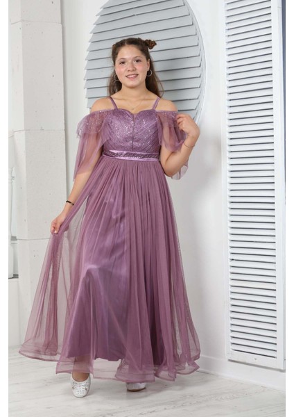 Genç Kız Saten Astarlı Uzun Lila Abiye Elbise Düğün Kıyafeti GELINLIK-ABY-0031 modelleri