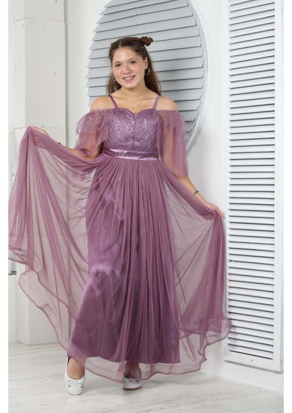 Genç Kız Saten Astarlı Uzun Lila Abiye Elbise Düğün Kıyafeti GELINLIK-ABY-0031 fırsatları