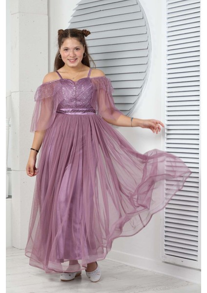 Genç Kız Saten Astarlı Uzun Lila Abiye Elbise Düğün Kıyafeti GELINLIK-ABY-0031 indirimleri