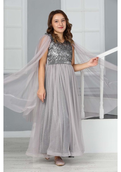 Kız Çocuk Omzu Tül Detay Saten Astarlı Uzun Abiye ELBISE-ABY-0034