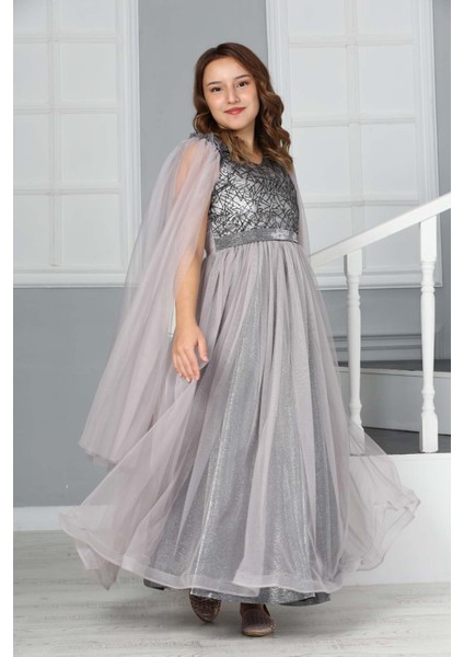 Kız Çocuk Omzu Tül Detay Saten Astarlı Uzun Abiye ELBISE-ABY-0034 fiyatları