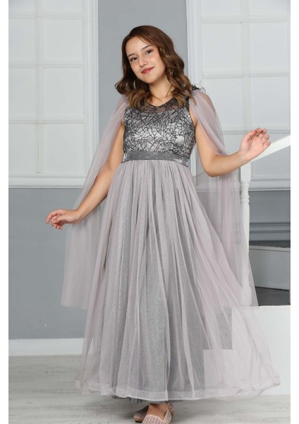 Kız Çocuk Omzu Tül Detay Saten Astarlı Uzun Abiye ELBISE-ABY-0034 modelleri