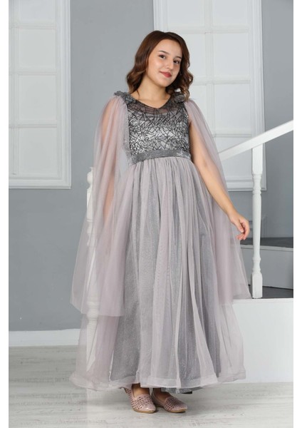 Kız Çocuk Omzu Tül Detay Saten Astarlı Uzun Abiye ELBISE-ABY-0034 fırsatları