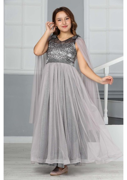 Kız Çocuk Omzu Tül Detay Saten Astarlı Uzun Abiye ELBISE-ABY-0034 indirimleri