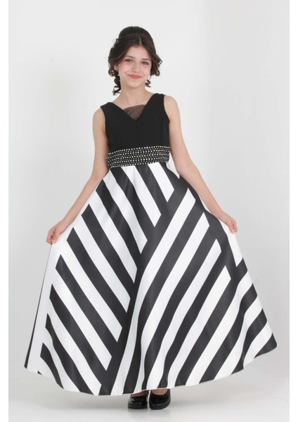 Kız Çocuk Zebra Desenli Özel Tafta Kumaş Uzun Abiye Elbise Mezuniyet KIAYFETİ-ABY-0036 fiyatları