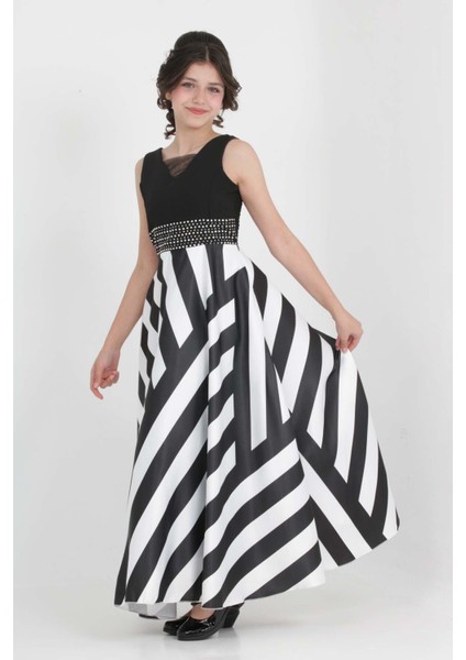 Kız Çocuk Zebra Desenli Özel Tafta Kumaş Uzun Abiye Elbise Mezuniyet KIAYFETİ-ABY-0036 modelleri