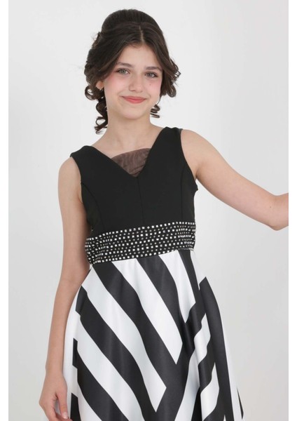 Kız Çocuk Zebra Desenli Özel Tafta Kumaş Uzun Abiye Elbise Mezuniyet KIAYFETİ-ABY-0036 indirimleri