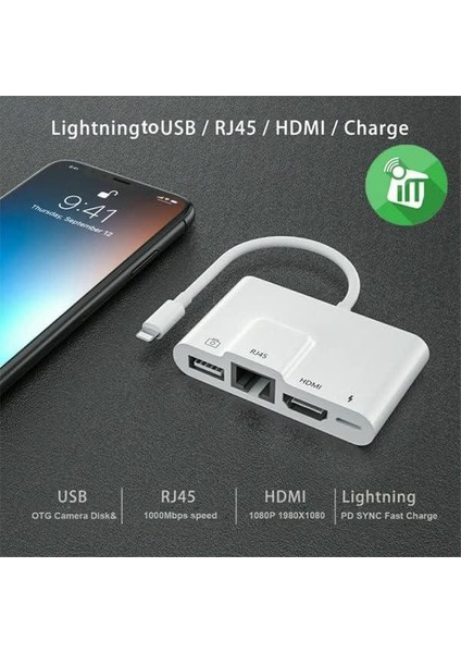 Apple iPad ve iPhone Için Lightning 3 In1 HDMI RJ45 Ethernet ve Otg Dönüştürücü Digital Av Adaptörü