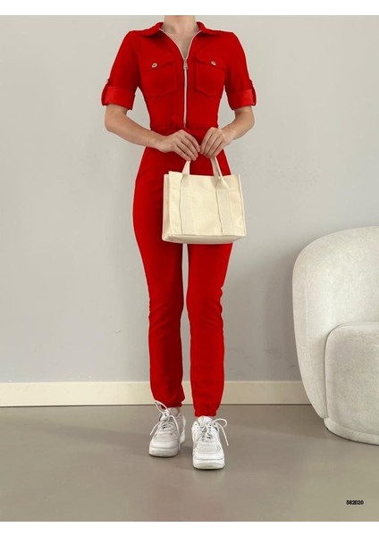 Kadın Ithal Krep Kumaş Fermuarlı Cep Detay Kuşaklı Tulum (Renk Seçenekli)