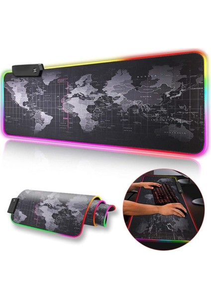 80X30 cm Büyük Boy Xxl Dünya Haritalı Mousepad Rgb LED Işıklı Gaming Gamer Oyuncu Mouse Pad