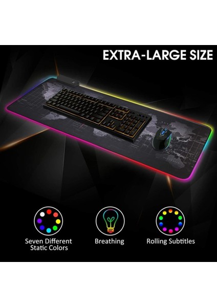 80X30 cm Büyük Boy Xxl Dünya Haritalı Mousepad Rgb LED Işıklı Gaming Gamer Oyuncu Mouse Pad