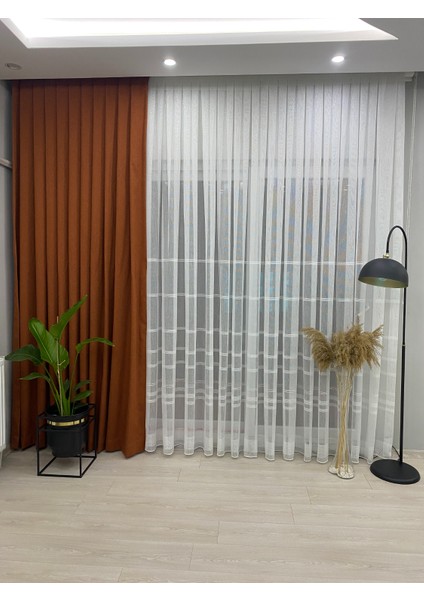 Ekru Renkli Bodrum Modern ve Şık Yatay Şeritli Gümüş Simli Tül Perde 1/3 Sık Pile fiyatları